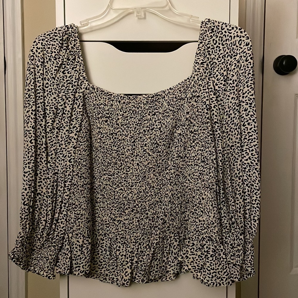 Joy Joy White Cheetah Smocked Top